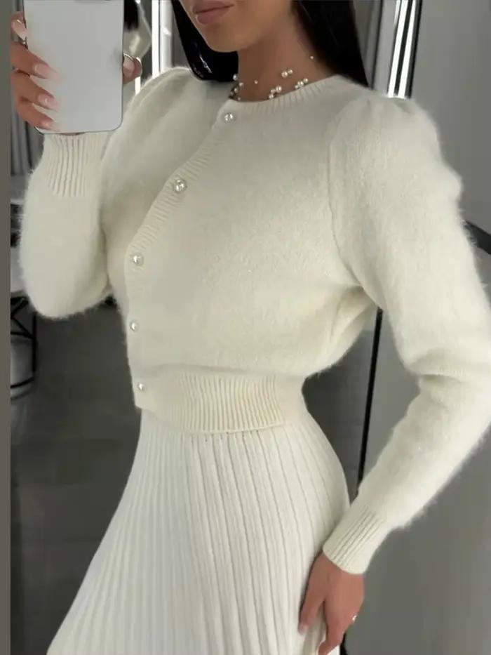 Chic tricot pull Cardigan pour femmes ample solide col rond simple boutonnage tricots hauts 2025 automne nouveau femme