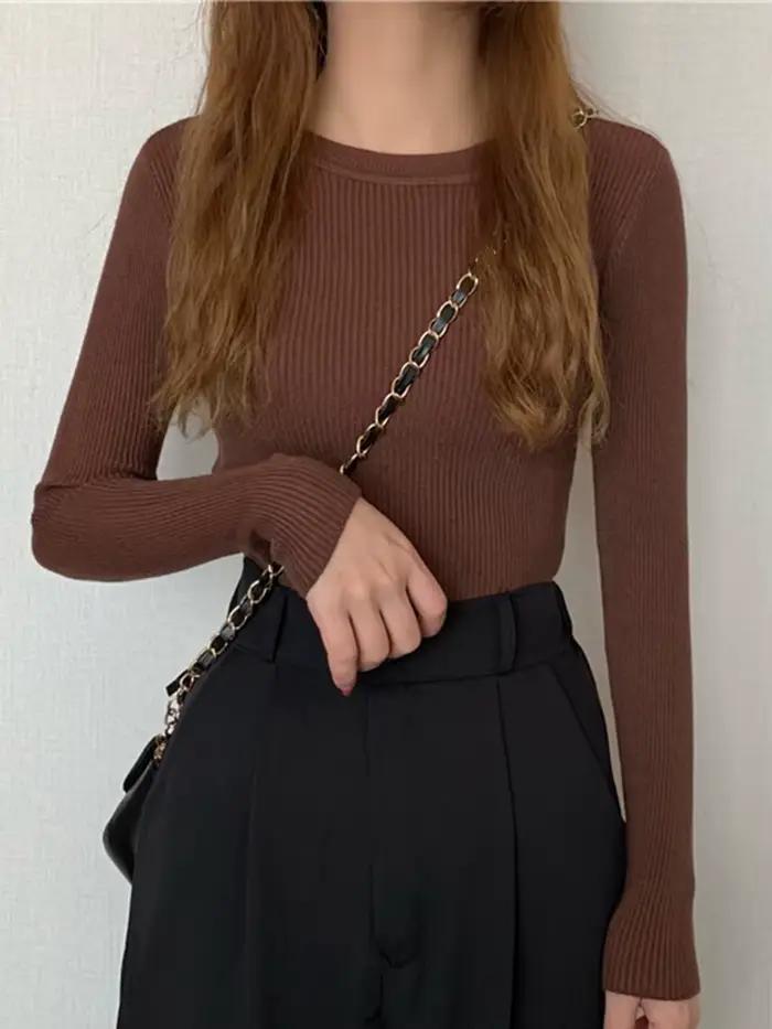 Nouveau Pull Femme 2026 Automne Hiver Manches Longues Col Rond Basique Tendance Élastique Tricoté Uni