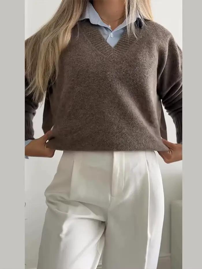 Pulls pour femmes élégant en peluche col en v tricoté tout Match plus chaud femme pull 2025 automne hiver mode épaissir dame tricots
