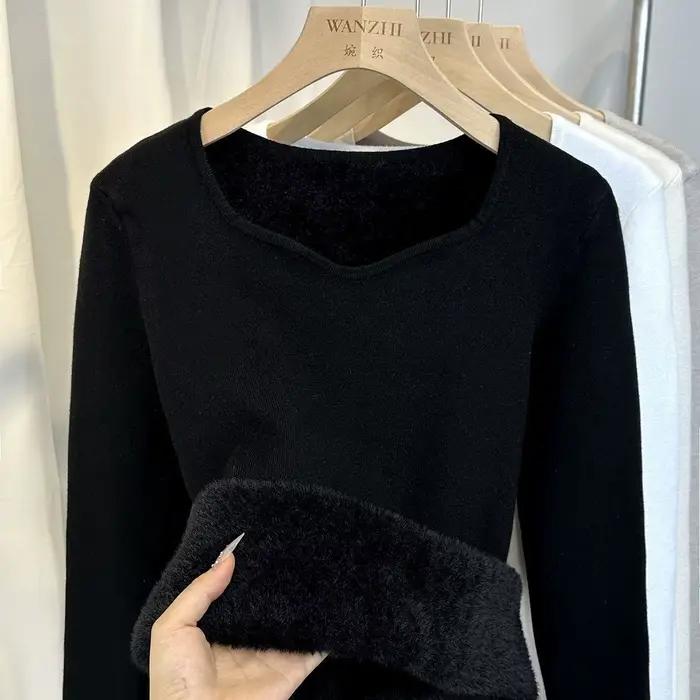 Pull en flanelle polyester à col carré rembourré épais pour femmes automne hiver élégant confortable à offrir pour toutes occasions