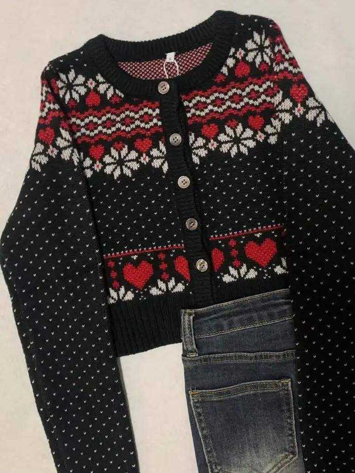 Vintage Fair Isle Jacquard tricoté Cardigan femmes automne boutons à manches longues recadrée pull manteau doux basique mince chandails hauts