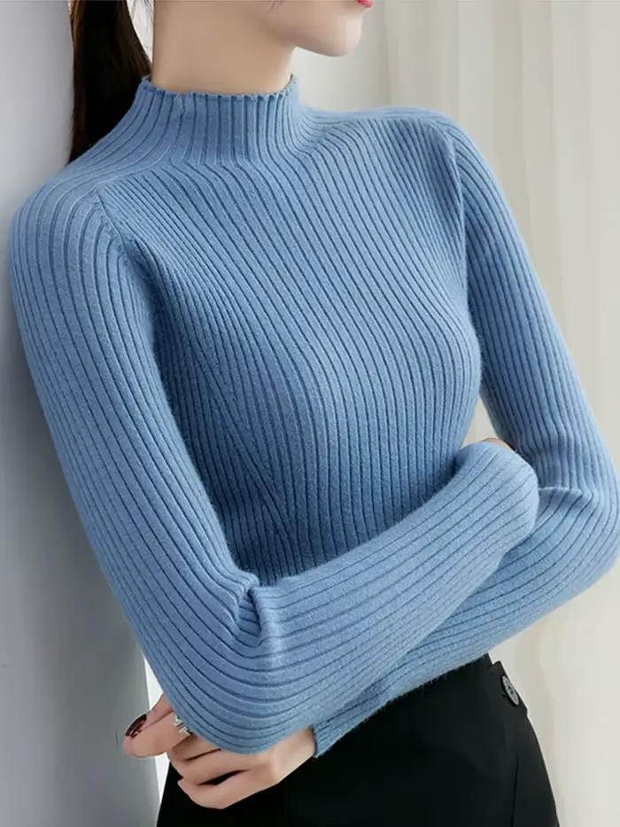 Femmes côtelé tricoté chandails 2026 automne hiver pull col montant à manches longues mince