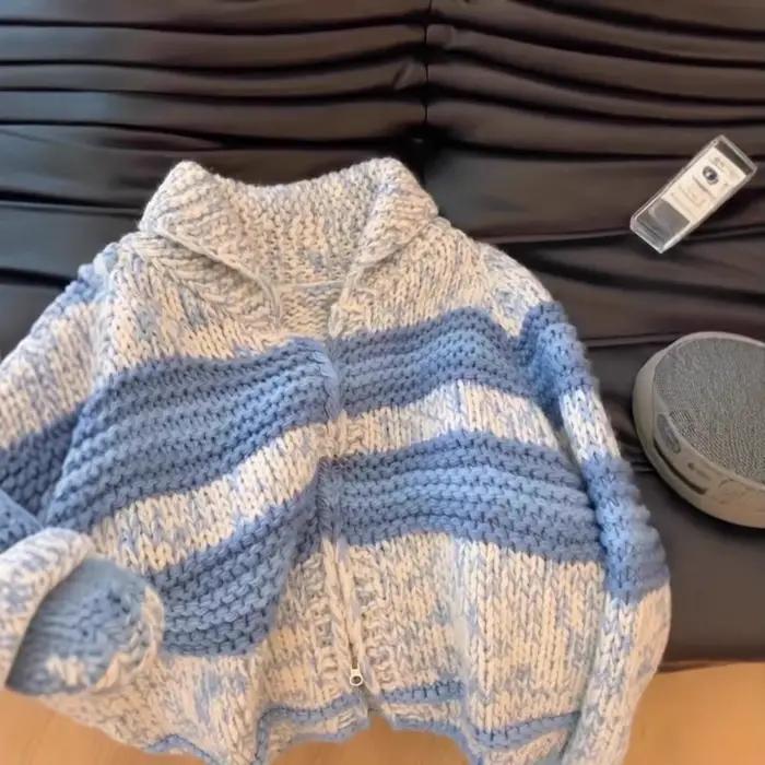 Cardigan Coréen Décontracté Bleu En Polyester Pour Femmes Occasions Automnales Hivernales