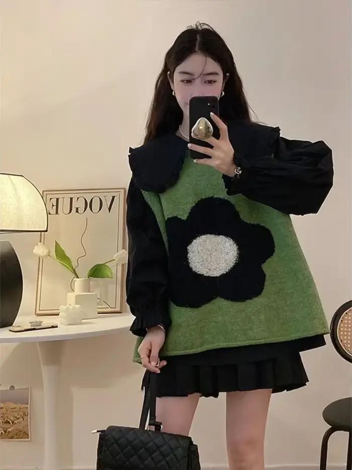 Pull fleuri ample et décontracté pour femmes, automne-hiver 2024, style Y2K, composition coton-polyester-acétate, couleurs douces et fraîches, pour bureau et sorties