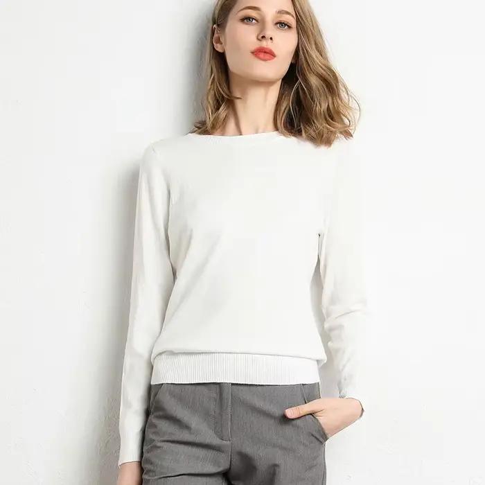 Pull Slim à col rond pour femme, mélange de laine et cachemire, chemise à manches longues en tricot, grande taille, automne et hiver, 2024
