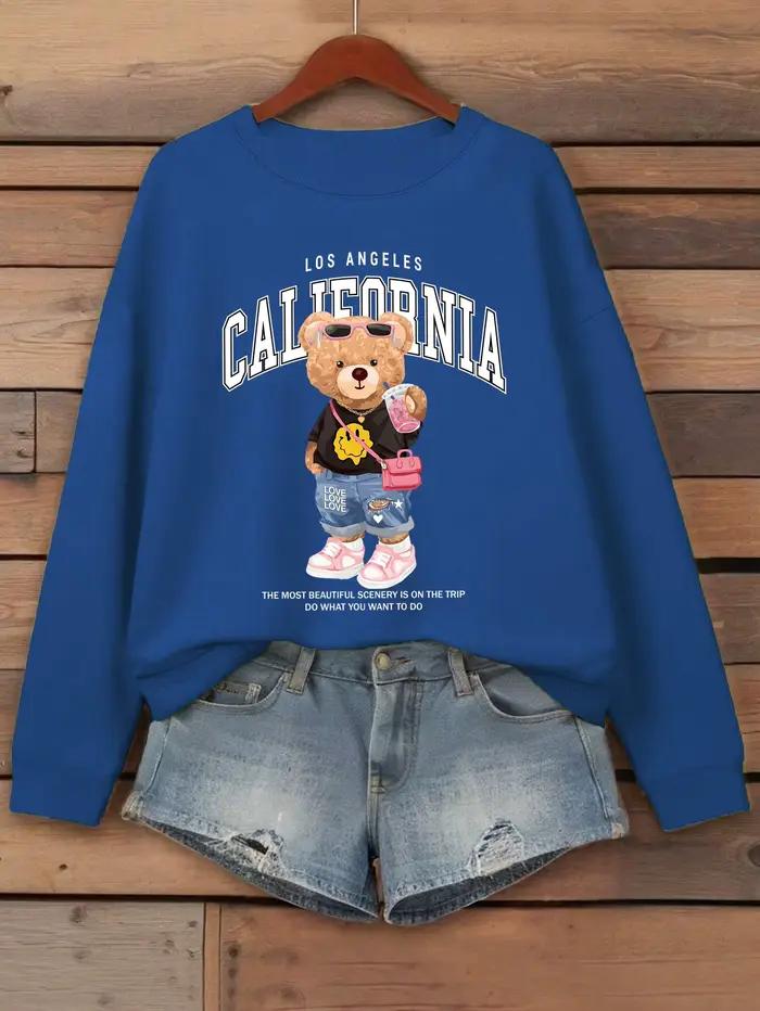 Pull col rond ample imprimé dessin animé petit ours boire du thé au lait pour femmes automne hiver style décontracté ocassions quotidiennes