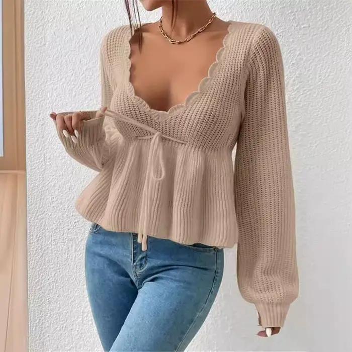 Pull-over en maille unie décontracté et sexy à col en V