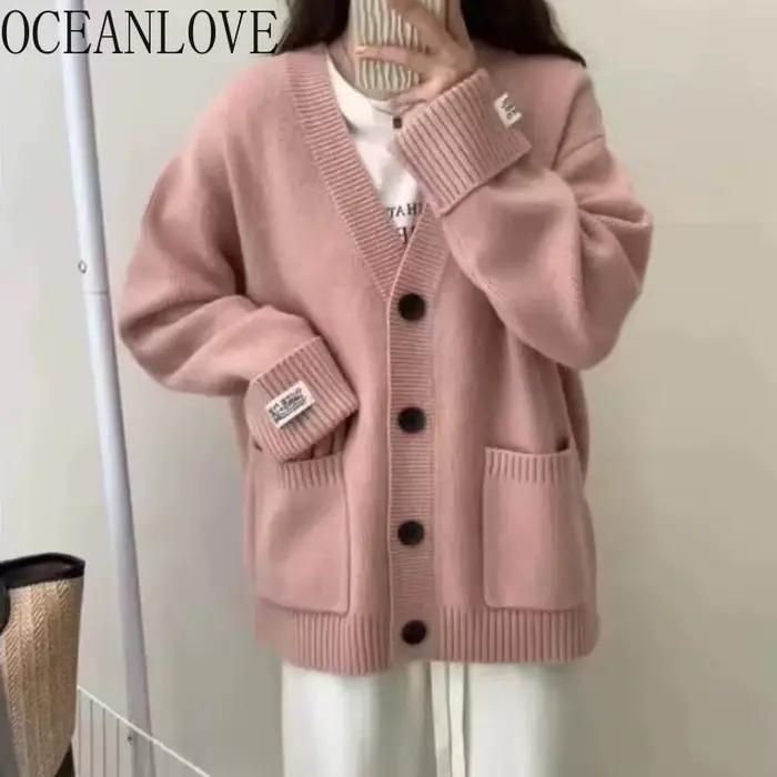 OCEANLOVE Cardigans automne hiver solide Style Preppy femmes chandails mode coréenne col en V ample chaud doux Sueteres Mujer
