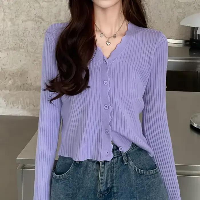 Cardigan côtelé à col rond pour femme