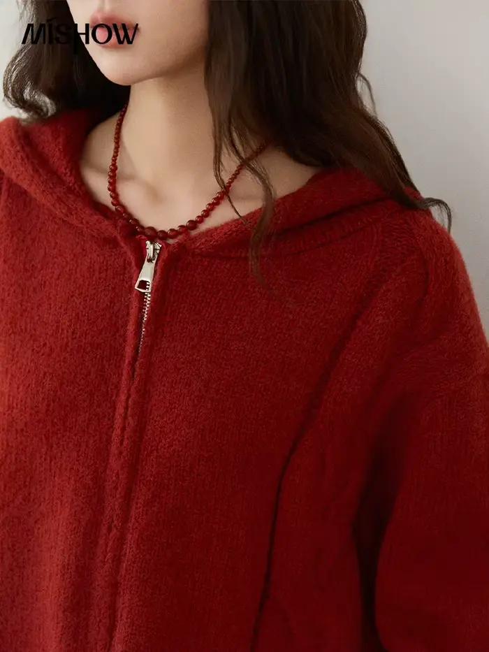 MISHOW noël rétro rouge pull 2025 automne hiver à capuche fermeture éclair contraste couleur rayures Cardigan femme vêtements MXE51Z2697