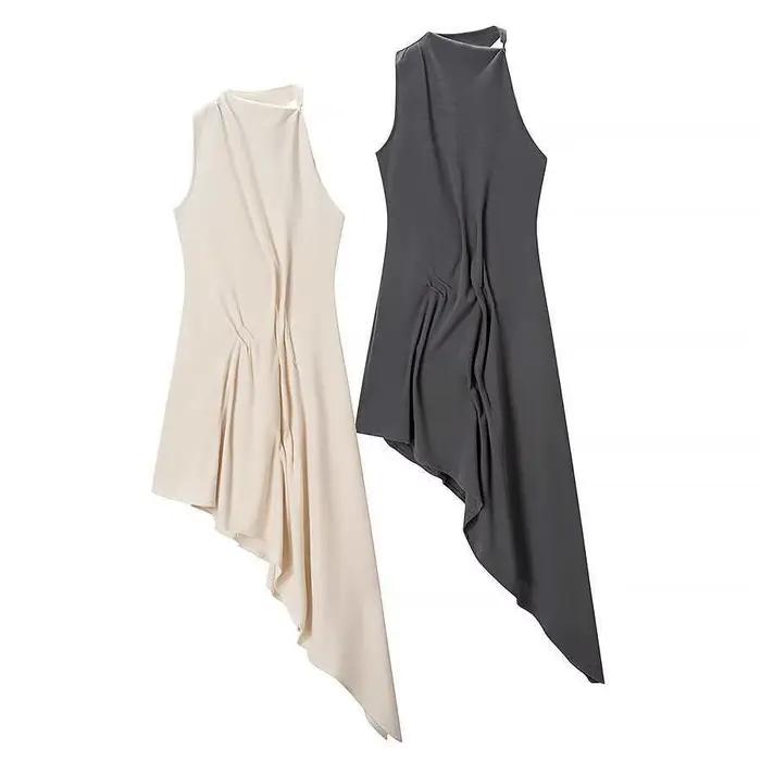 Robe en maille asymétrique gris beige coupe ajustée style urbain taille haute mi-longue évasée sans manches pour l'été