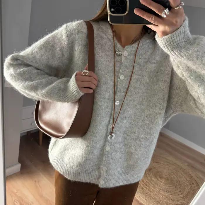 Cardigan tricoté en laine grise pour femme bouton élégant pull grande taille tricots Cardigans nouveau hiver automne vêtements gris rouge blanc