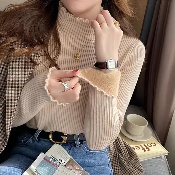 Automne hiver femmes volants col montant pull épaissir polaire chaud thermique