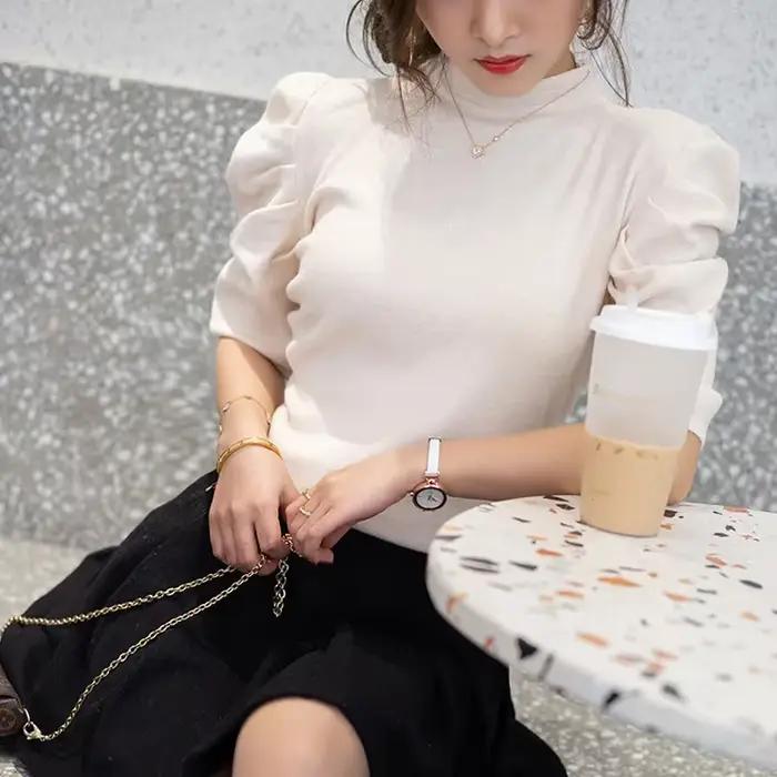 Pull en coton polyester tricoté décontracté avec manches bouffantes pour femmes hiver style sauvage occassions variées