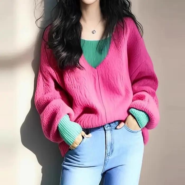 Pull à col en v de couleur contrastée pour femmes