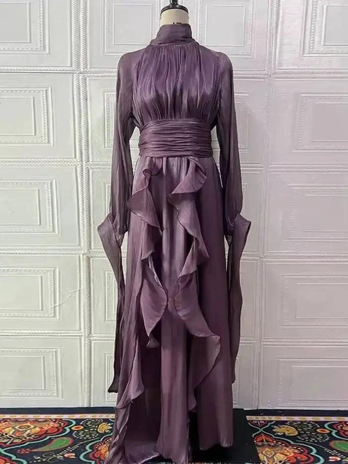 LGRQ début automne col roulé manches longues brillant volants pull styles arabes longueur de plancher robe de vacances femme vestido