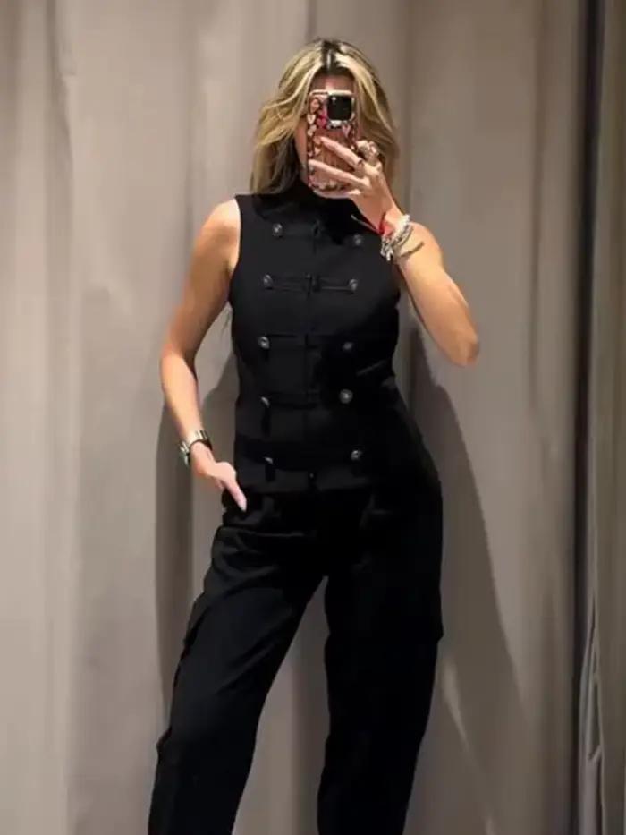 Gilet femme élégant et polyvalent à col montant et boucle en corde style rétro boutons en laiton tendance urbaine décontractée pour été