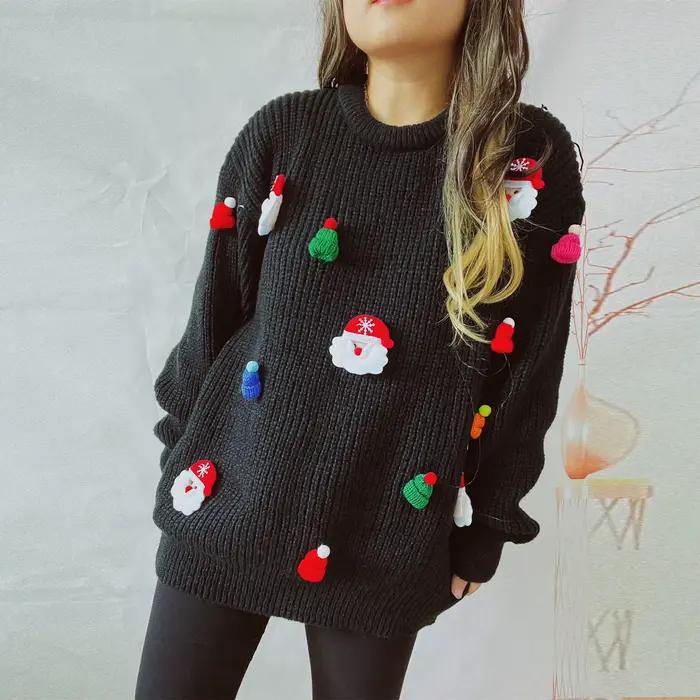 2025 noël Santa tricot pull femmes mignon col rond à manches longues chaud
