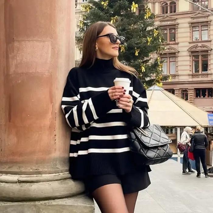 Pull Jadoutin à manches longues col roulé en polyester viscose polyamide pour femmes style streetwear automne hiver occassions spéciales