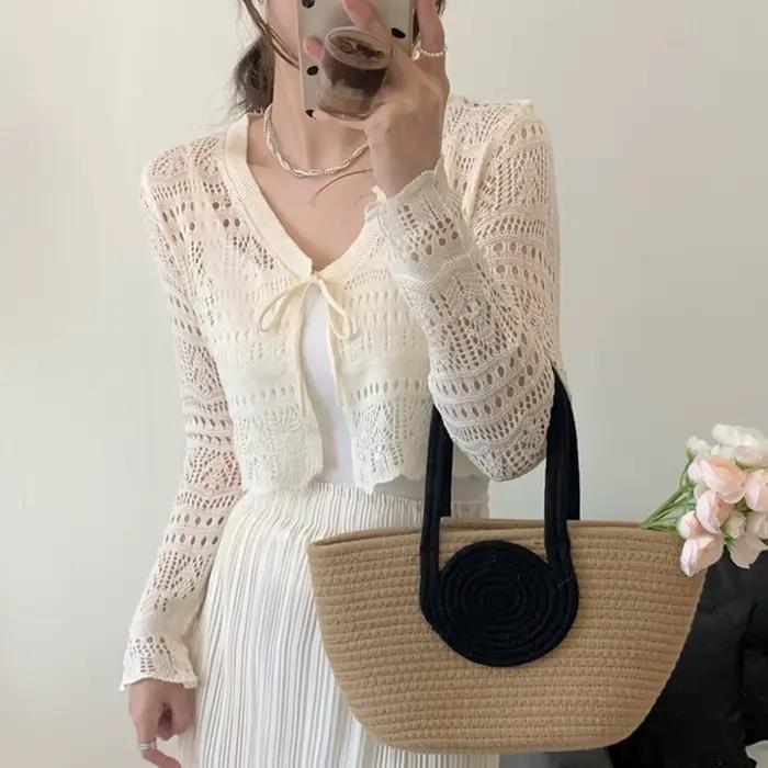 Boléro Cardigan femmes à manches longues cravate devant ajouré haut court haussement d'épaules léger couvrir adolescente printemps été Y2K 90s tenue