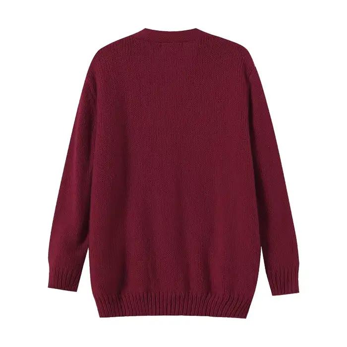 Pull automne et hiver élégant bordeaux col en v à manches longues poche simple boutonnage laine tricoté
