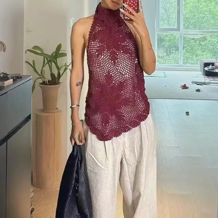 Gilet en tricot à lacets en Crochet Floral fait à la main pour femmes