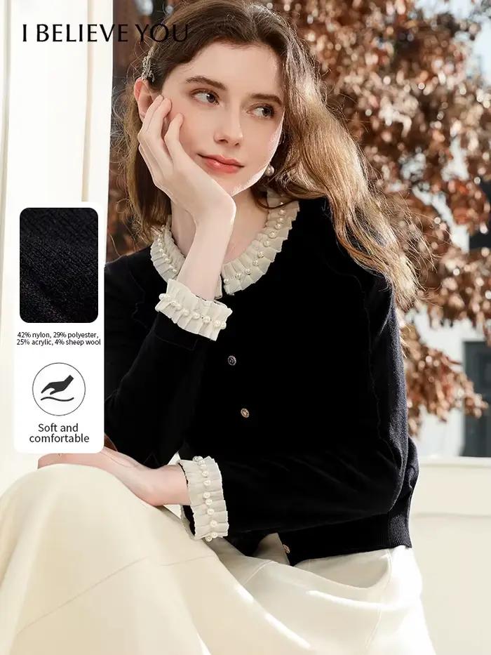 Je crois vous femmes noir Cardigan 2025 automne français perlé pull déplacements col rond à manches longues tricot