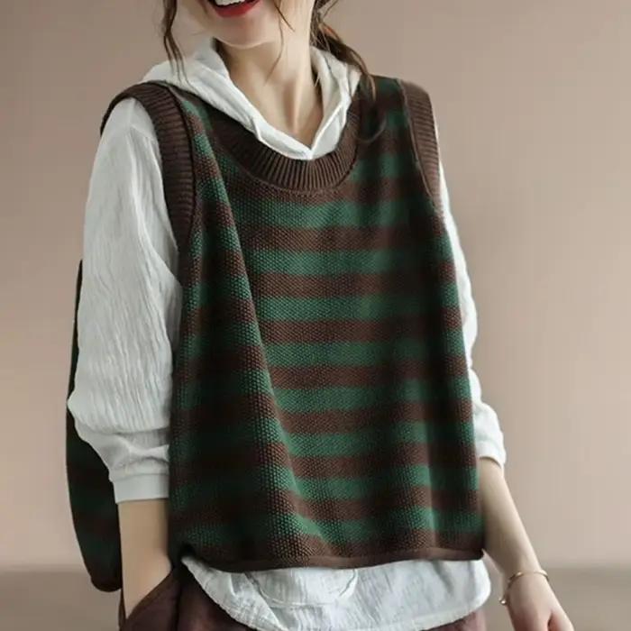 Gilet en tricot pour femmes sans manches rayé ample et décontracté pour automne hiver occassions spéciales