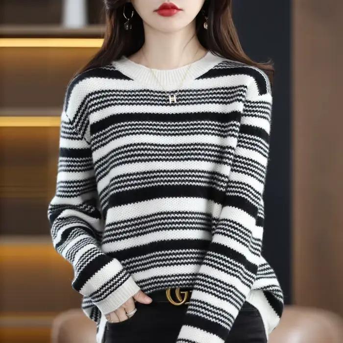 Mode nouveau Pull 2025 ample printemps automne col rond femmes rayure à manches longues haut tricoté bas chemise