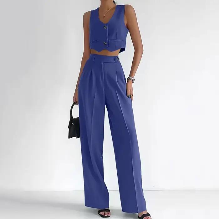 Gilet pour femmes avec pantalon droit, col en V, sans manches, polyester, pour femmes de bureau, été, ensemble 2 pièces, couleur unie, ajustement mince