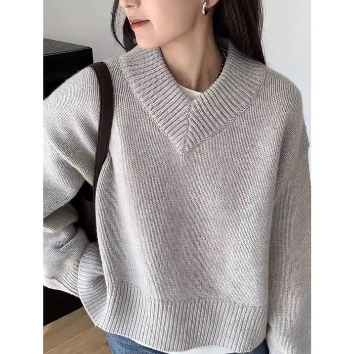 Pull tricoté 100% laine à col en v pour femmes, haut pull ample et épais