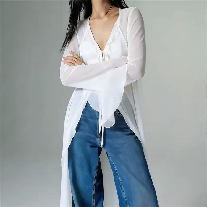 Cardigan transparent à volants pour femme