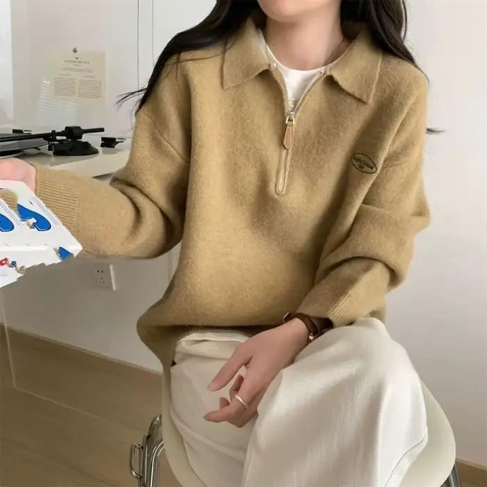 Pull col rabattu ample et décontracté en polyester pour femmes, automne hiver, coupe ample, style décontracté, occasions spéciales et quotidiennes