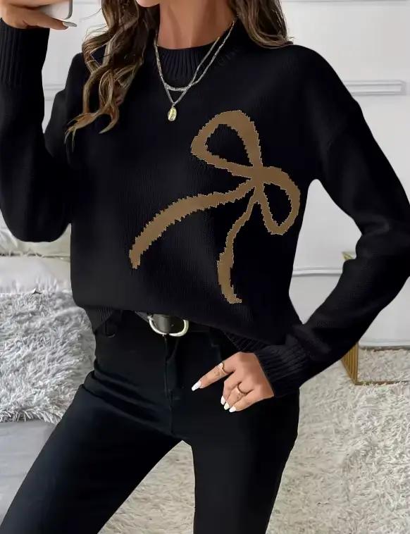 Pull en acrylique avec nœud papillon élégant pour femmes, confortable, léger et polyvalent pour le printemps automne et les voyages