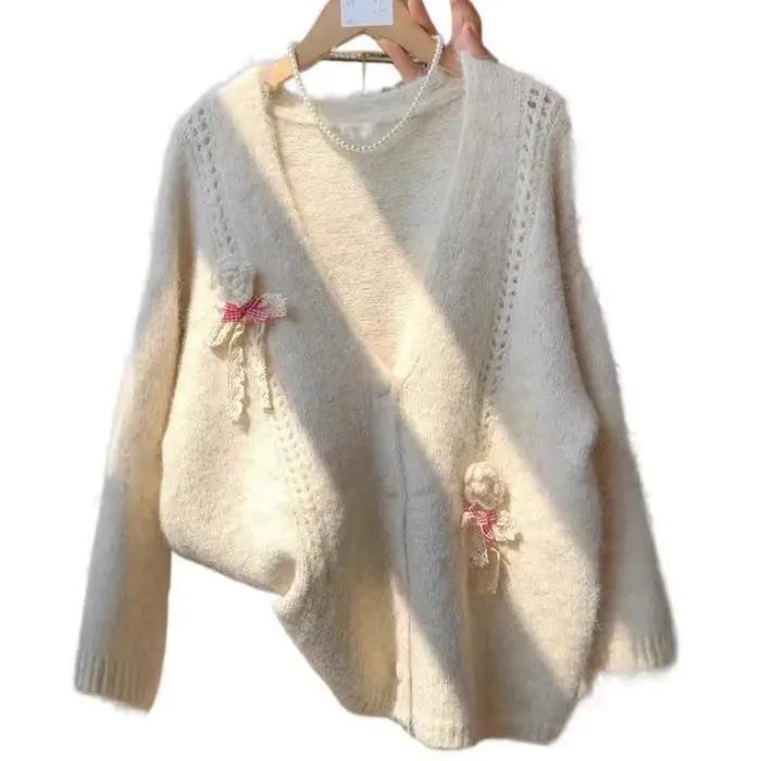 Pull français doux et polyvalent avec nœud rétro pour femmes