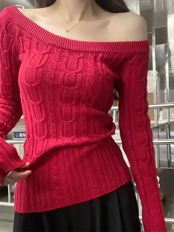 Pull en tricot côtelé décontracté pour femmes avec épaules dénudées et style asymétrique, blanc, laine et acétate, pour automne-hiver, col fendu, coupe ample, confortable et élégant
