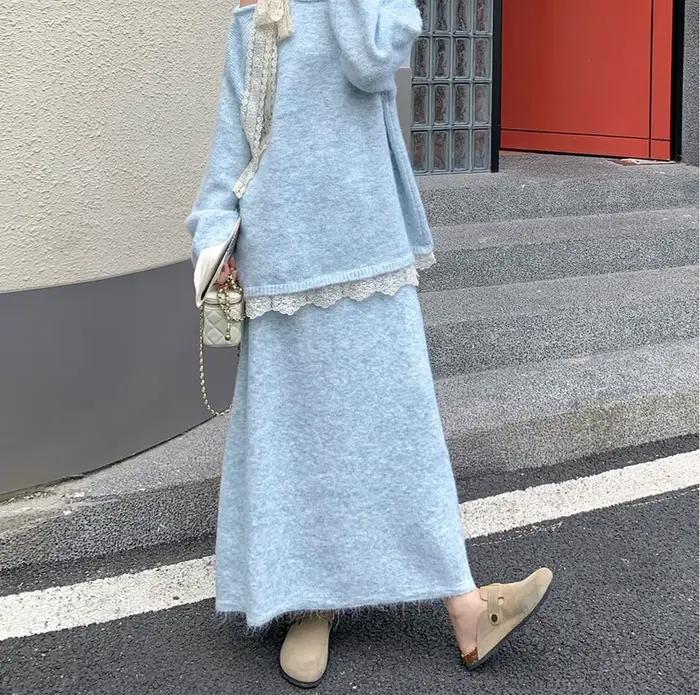 Ensemble pull pour femmes en polyester bleu élégant et amincissant pour les occasions spéciales automnales et hivernales