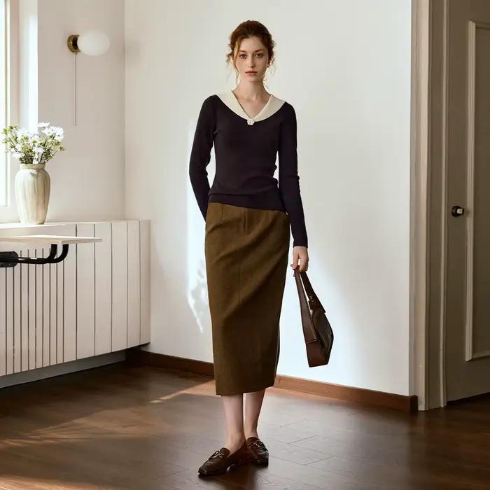 Pull tricoté à col en V et blocs de couleur OLrain pour femme