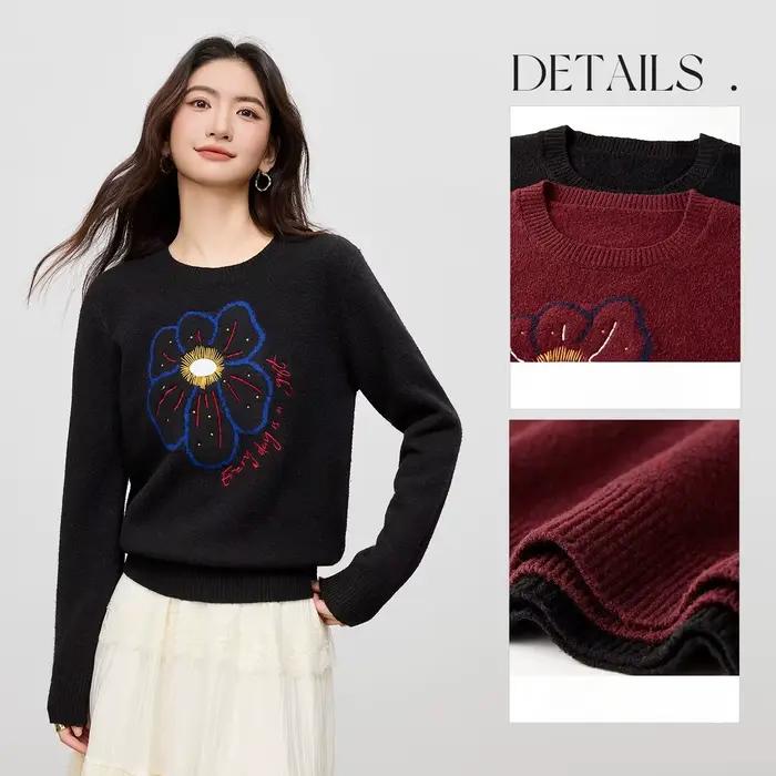 Pull Sentubila Femme Jacquard Floral à Manches Complètes en Polyester, Acrylique, Laine et Élasthanne, Avec Broderie, Taille Ample, Pour Femmes de 25 à 34 Ans, Occasions Professionnelles et Sociales ```