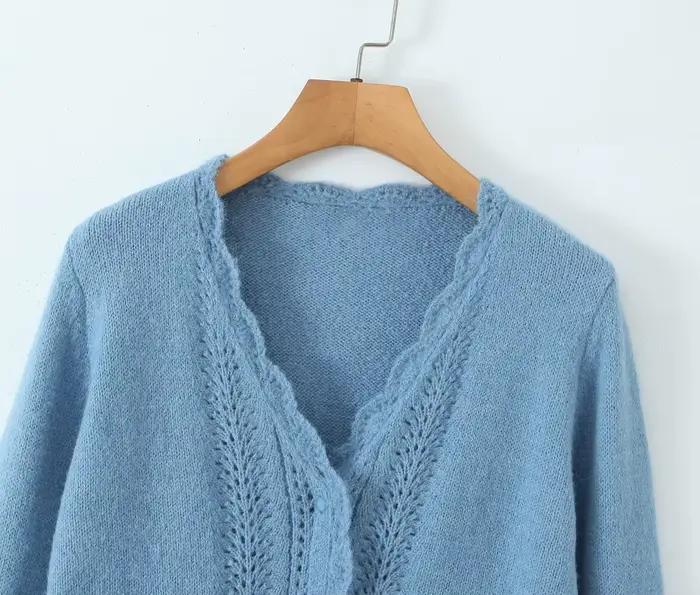Cardigan à manches longues en dentelle bleue pour femme