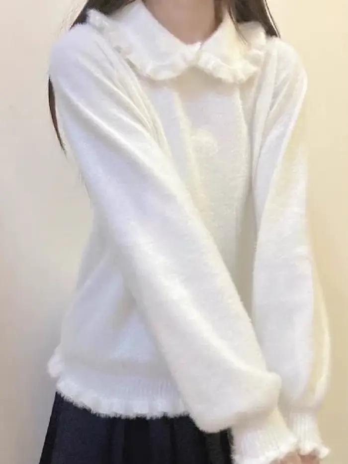 Lolita Kawaii pull femmes doux à volants col claudine Imitation vison pulls japonais Vintage à manches longues sommets