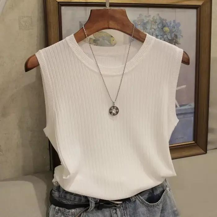 Haut en tricot sans manches à col rond pour femme