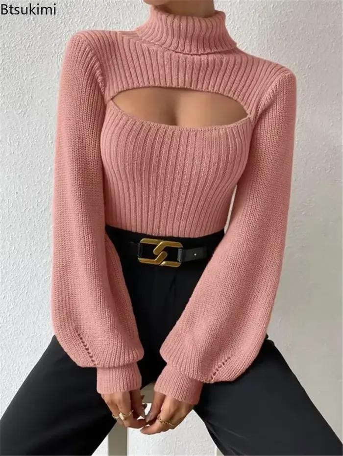 Pull en maille chic à col montant pour femmes, manches lanternes ajourées, polyester et viscose, élégant pour l'automne et l'hiver, occasions spéciales