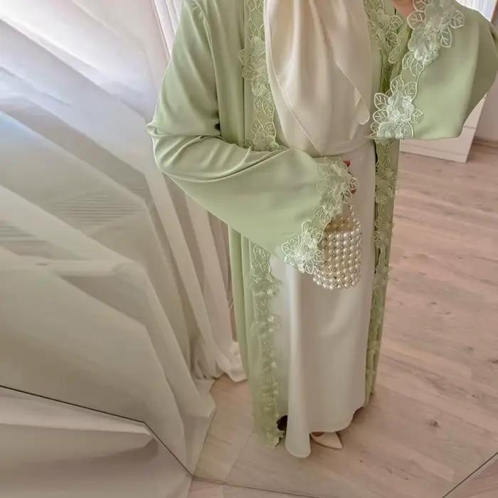 Nouveau Cardigan Vert à Manches Longues avec Bordure Florale en Dentelle