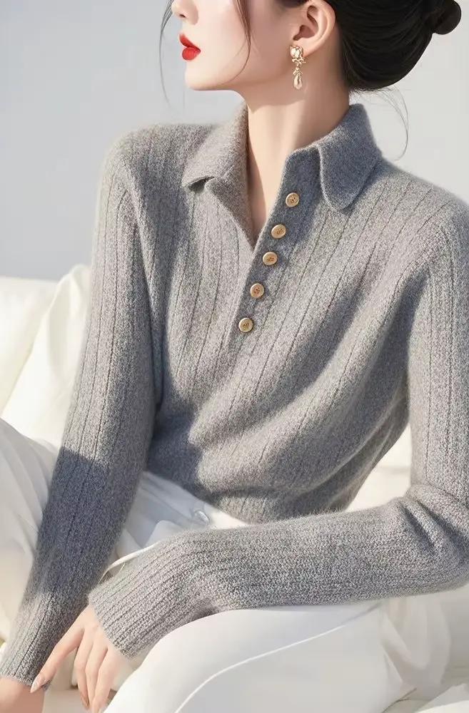 Pull en tricot à revers gris pour femmes