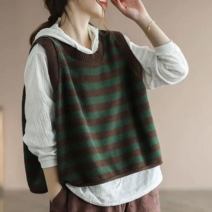 Gilet en tricot pour femmes sans manches rayé ample et décontracté pour automne hiver occassions spéciales