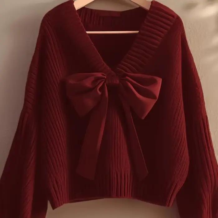 Pull tricoté à col en v et nœud pour femme