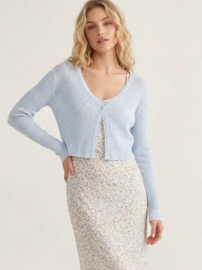 Cardigan Coréen Décontracté Printemps Été Femme Taille Unique Polyester Coton Bleu Ciel Gris Foncé Occasions Spéciales