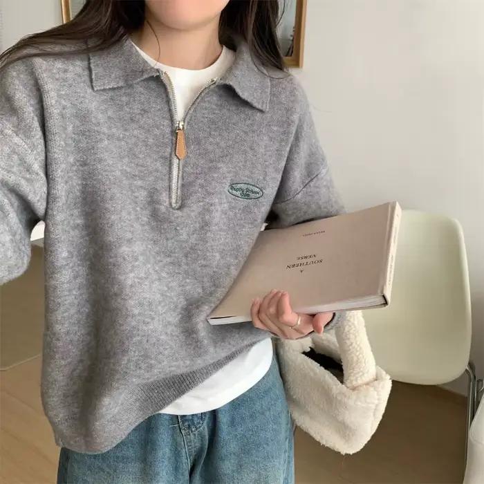 Pull col rabattu ample et décontracté en polyester pour femmes, automne hiver, coupe ample, style décontracté, occasions spéciales et quotidiennes