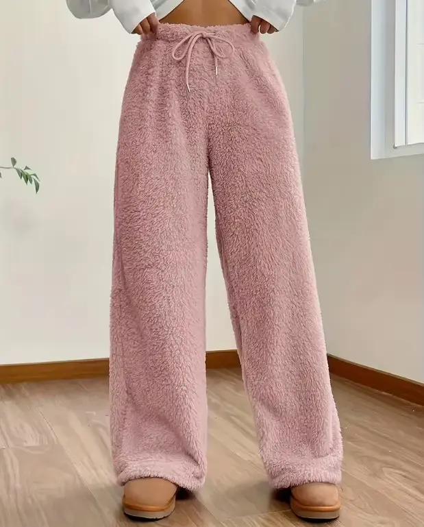 Pull femme nouveau automne et hiver couleur unie mode peluche pantalons décontractés ample confortable